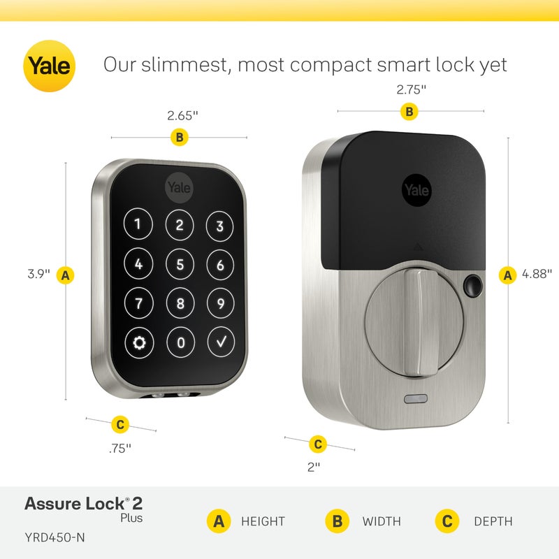 Yale Security Yale Assure Lock 2 Plus Apple Home Keys (انقر للفتح) قفل باب الدخول الذكي بدون مفتاح من النيكل الساتان Deadbolt مع لوحة مفاتيح متصلة بالواي فاي لإدخال الرمز والوصول عن بعد YRD450-N-WF1-619 - Image 5